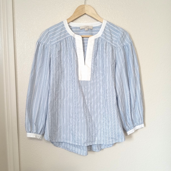 Ann Taylor Loft Striped Quarter Sleeve V Neck Plaid Printed Top Cottagecore - Picture 2 of 11